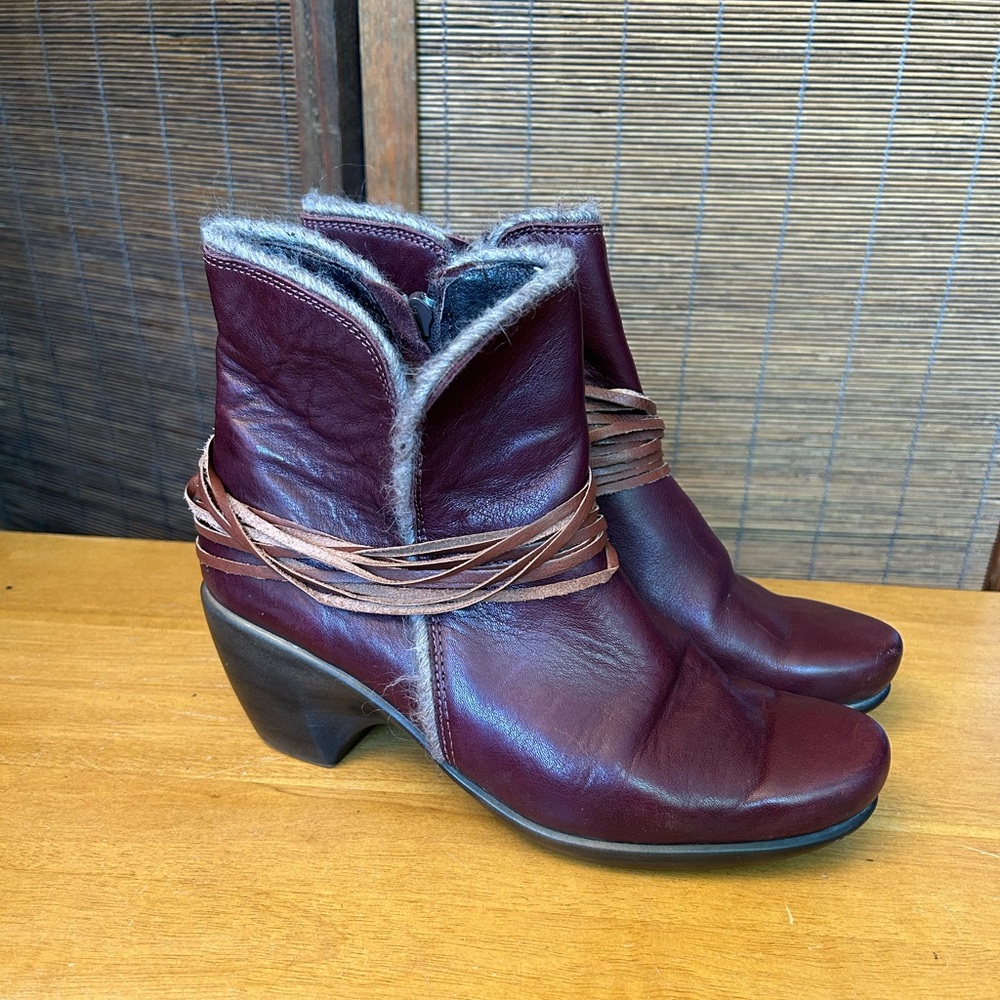 Naot Burgundy Heeled Boots with Brown Accents